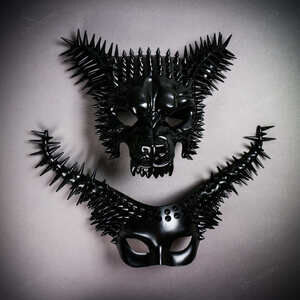 Black Spiked Animal Wolf & Long Horned Demon Halloween Couple Mask Set